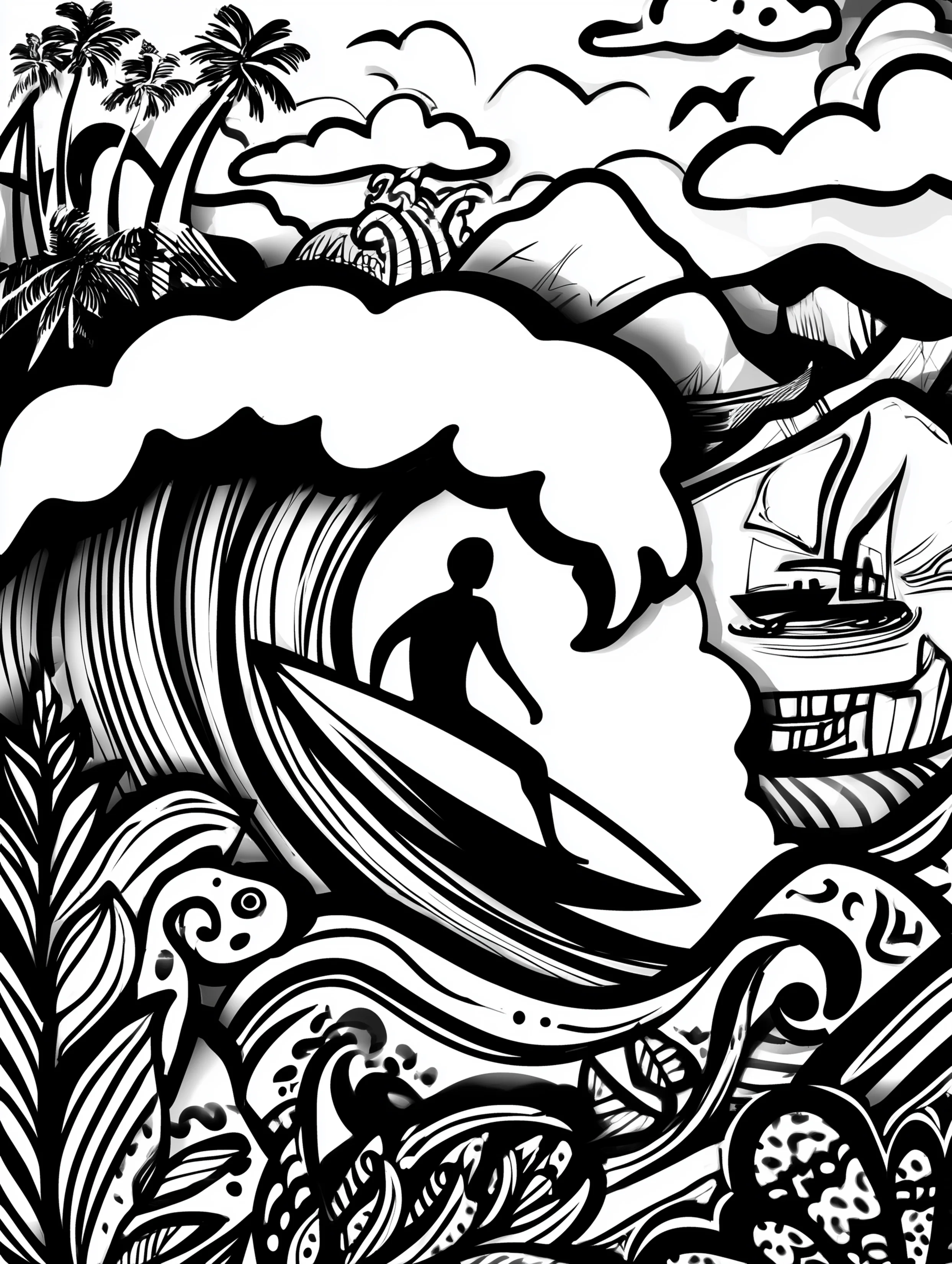 Free printable summer coloring page for adults featuring a person sitting on a board with waves